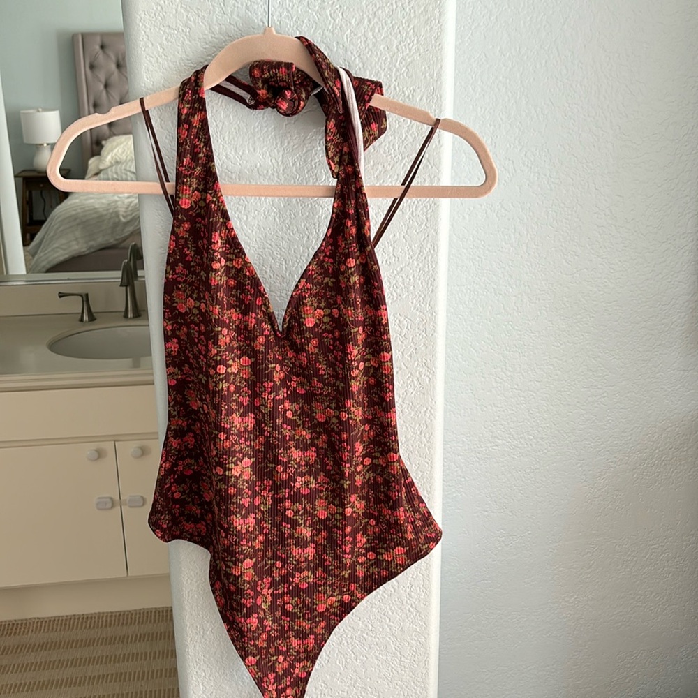 Free people floral ribbed halter bodysuit
